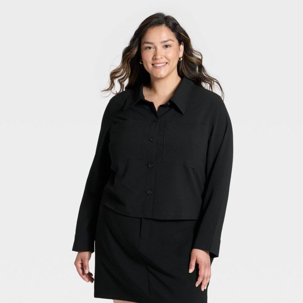 Women's Plain Weave Shirt Jacket - A New Day Black XXL
